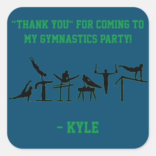 BOYS GYMNASTICS BIRTHDAY PARTY PERSONALISEERD VIERKANTE STICKER (Voorkant)