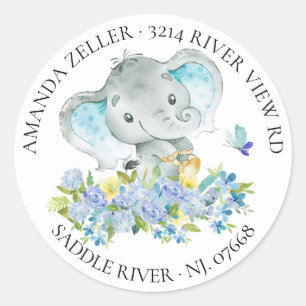 Boys Happy Elephant Baby shower Retouradres Ronde Sticker