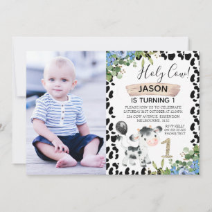 Boys Heilige Koe en Koe Afdrukfoto 1e verjaardag Kaart