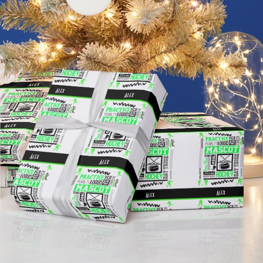 Boys Hockey Terminology Personalized Neon Green Cadeaupapier (Feestdagen)