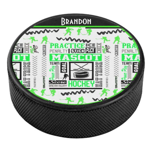 Boys Hockey Terminology Personalized Neon Green Hockey Puck (3/4)