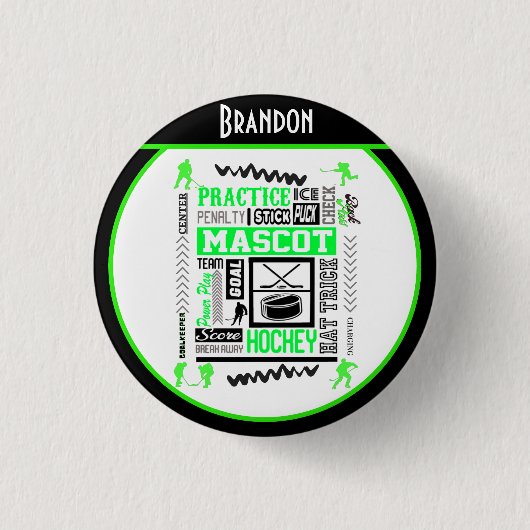 Boys Hockey Terminology Personalized Neon Green Ronde Button 3,2 Cm (Voorkant)