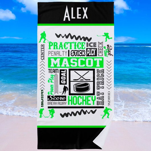 Boys Hockey Terminology Personalized Neon Green Strandlaken