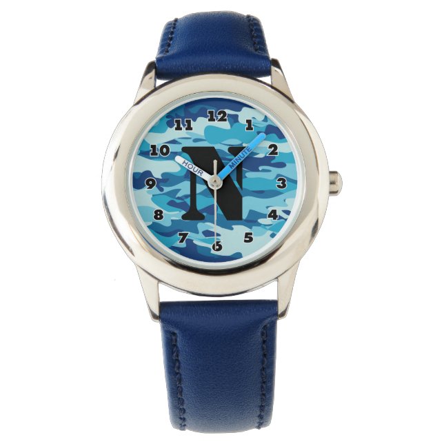 Boy's horloge met navy blauwe camouflage patroon (Voorkant)