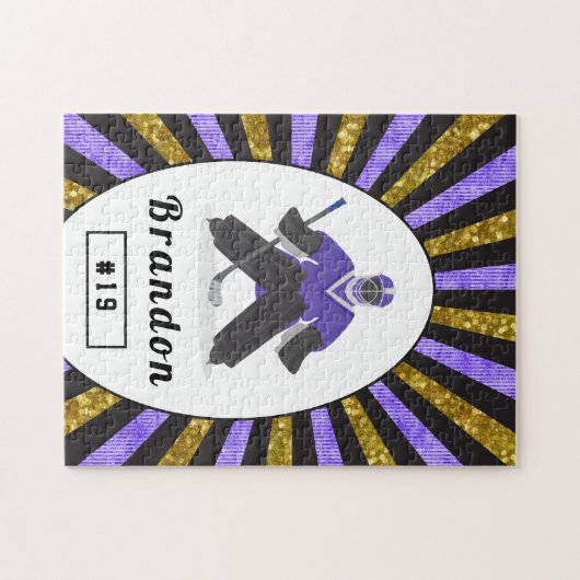 Boys Ice Hockey Player Name & Number Paars Gold Legpuzzel (Horizontaal)