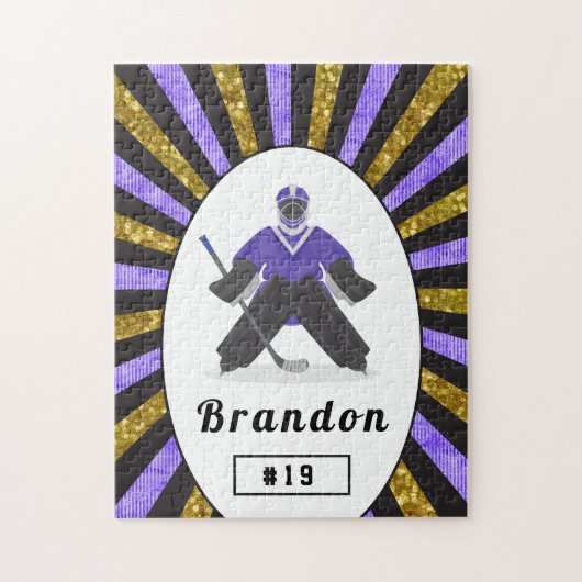 Boys Ice Hockey Player Name & Number Paars Gold Legpuzzel (Verticaal)