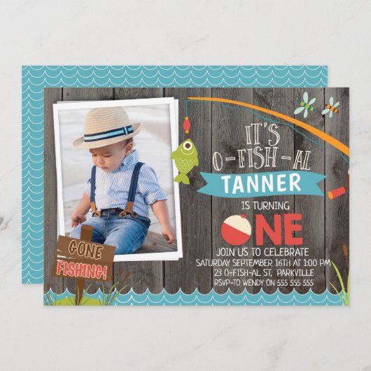 Boy's It O-fish-al Foto 1e Verjaardag Uitnodiging (Voorkant / Achterkant)