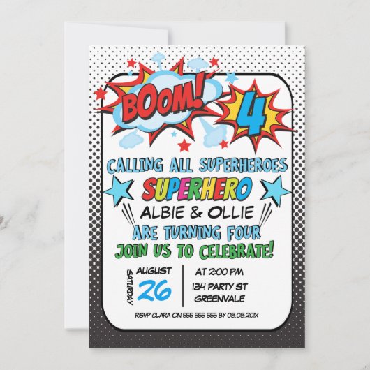 Boys Joint Superheld 4th Birthday Invitation Kaart (Voorkant)