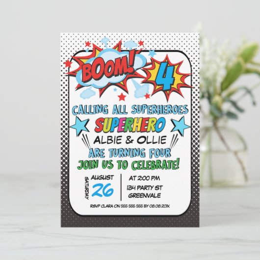 Boys Joint Superheld 4th Birthday Invitation Kaart (Staand voorkant)