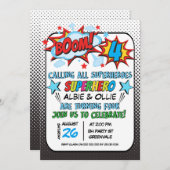 Boys Joint Superheld 4th Birthday Invitation Kaart (Voorkant / Achterkant)