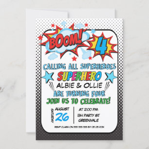 Boys Joint Superheld 4th Birthday Invitation Kaart