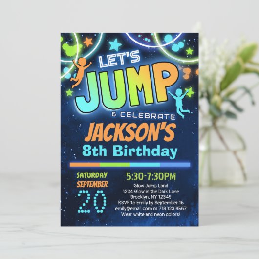 Boys Jump Party Birthday Invitation Blue Sinaasapp Kaart (Staand voorkant)