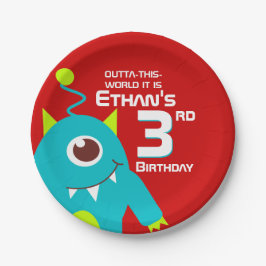 Boys kleurrijke buitenaardse 3e verjaardag aangepa papieren bordje