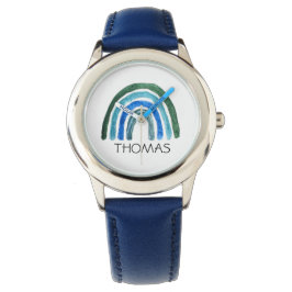 Boys Leuke Boho Waterverf Regenboog en Naam Blauw Horloge