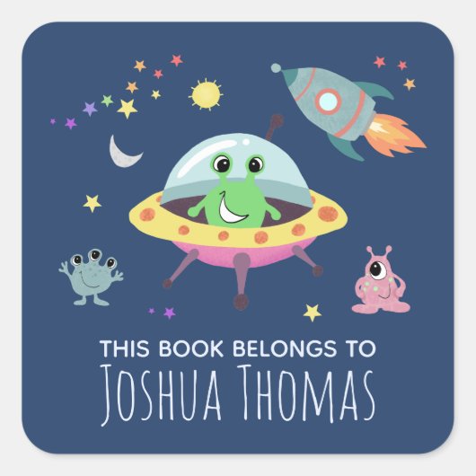 Boys Library Cute Space Alien Name Kinder Bookplat Vierkante Sticker (Voorkant)