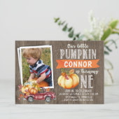 Boy's Little Pumpkin foto 1e verjaardag uitnodigin Kaart (Staand voorkant)