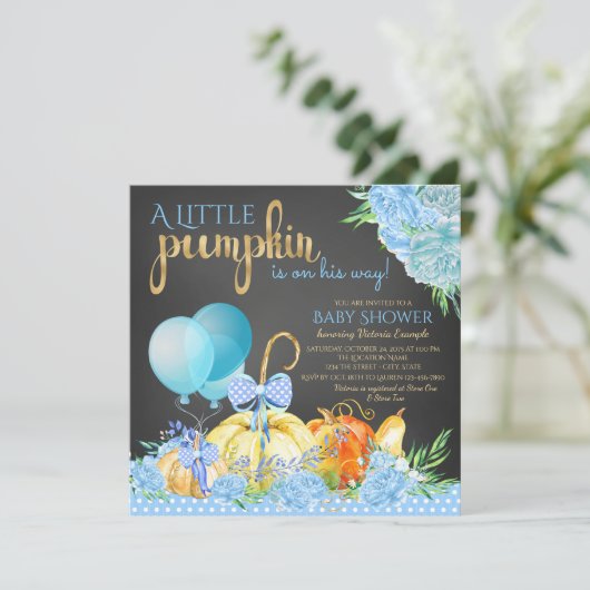 Boys Little Pumpkin Rustic Chalkboard Baby shower Kaart (Staand voorkant)