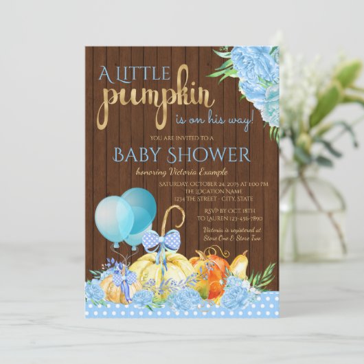 Boys Little Pumpkin Rustic Wood Baby shower Kaart (Staand voorkant)