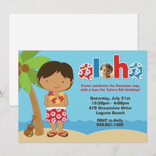 Boys Luau Birthday Party Invitation Kaart (Voorkant / Achterkant)