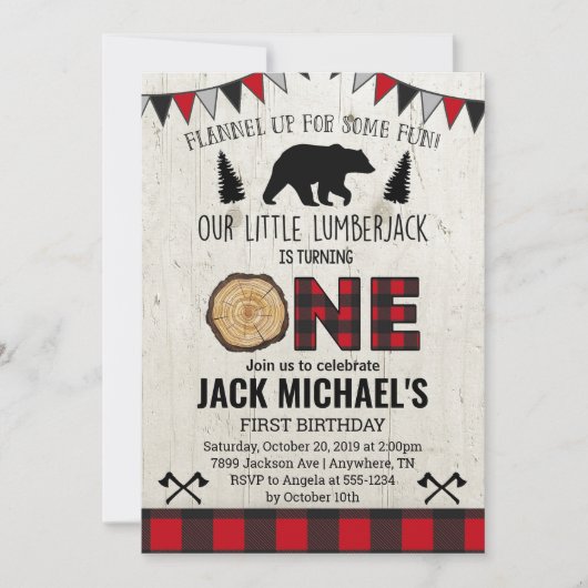 Boys Lumberjack First Birthday Invitation Kaart (Voorkant)