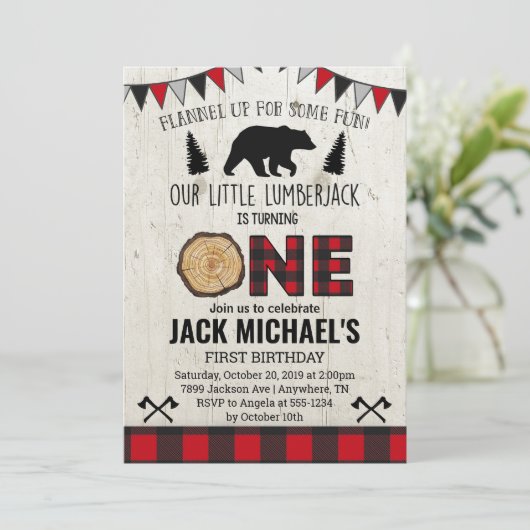 Boys Lumberjack First Birthday Invitation Kaart (Staand voorkant)