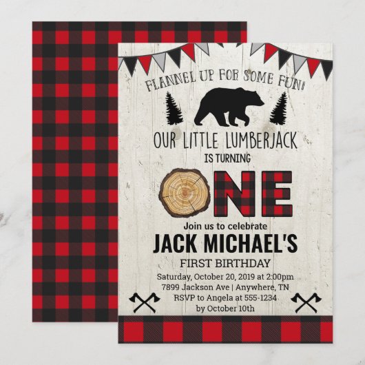 Boys Lumberjack First Birthday Invitation Kaart (Voorkant / Achterkant)