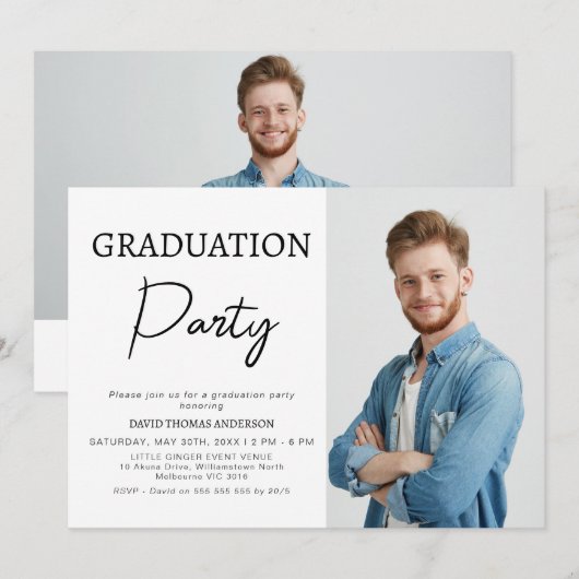 Boys Minimalist Calligraphy Afstuderen Invitation Kaart (Voorkant / Achterkant)