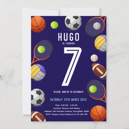 Boys Modern Blue Sports Kids Birthday Invitation Kaart (Voorkant)