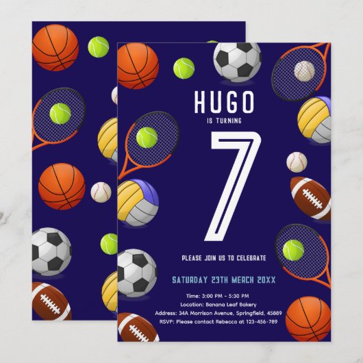 Boys Modern Blue Sports Kids Birthday Invitation Kaart (Voorkant / Achterkant)