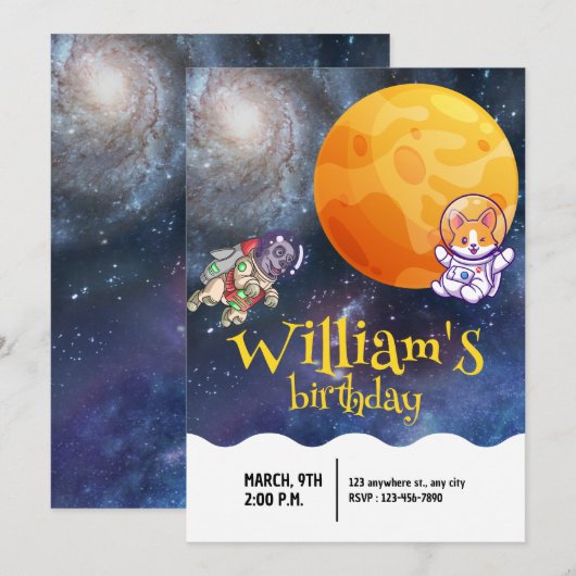 Boys Modern Galaxy Astronaut Dog Kinderen van Birt Kaart (Voorkant / Achterkant)