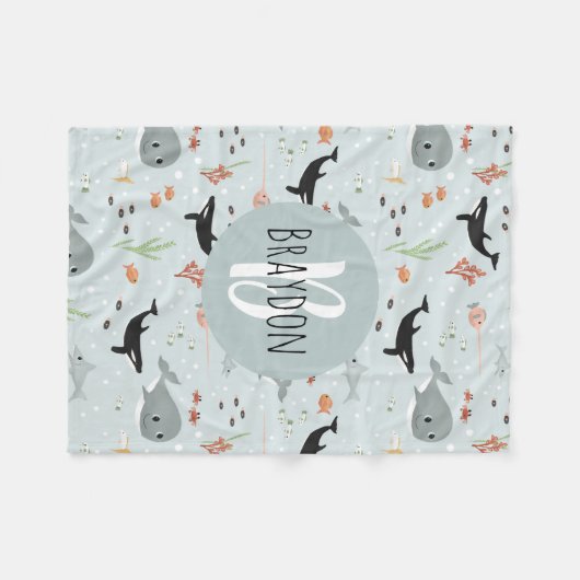 Boys Modern Ocean Whale Pattern Monogram Kinder Fleece Deken (Voorkant (Horizontaal))