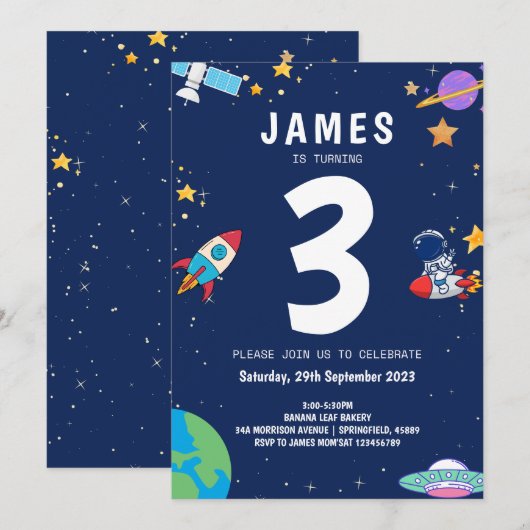 Boys Modern Space Navy Kids Birthday Kaart (Voorkant / Achterkant)