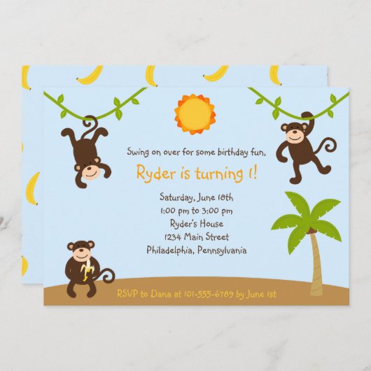 Boys Monkeing rond 7x5 Uitnodiging (Voorkant / Achterkant)