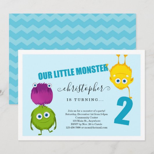 Boy's Monster Eerste Uitnodiging voor het 2e Verja (Voorkant / Achterkant)
