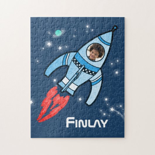 Boys naam en fotoraketruimte kinder puzzel (Verticaal)