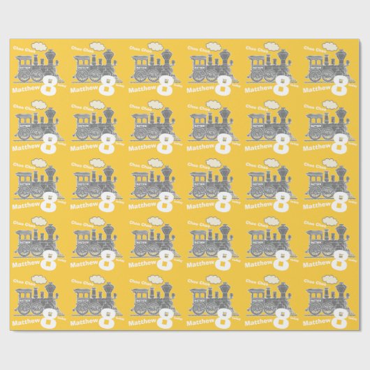 Boys naam leeftijd trein loco gele grijze verjaard cadeaupapier (Vlak)