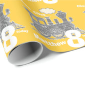 Boys naam leeftijd trein loco gele grijze verjaard cadeaupapier (Rol Hoek)