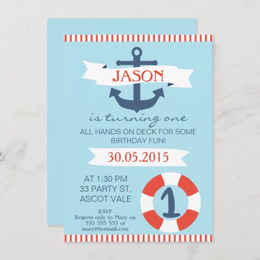 Boys Nautical 1st Birthday Uitnodiging (Voorkant / Achterkant)