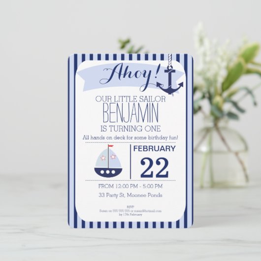 Boys Nautical 1st Birthday Uitnodiging (Staand voorkant)