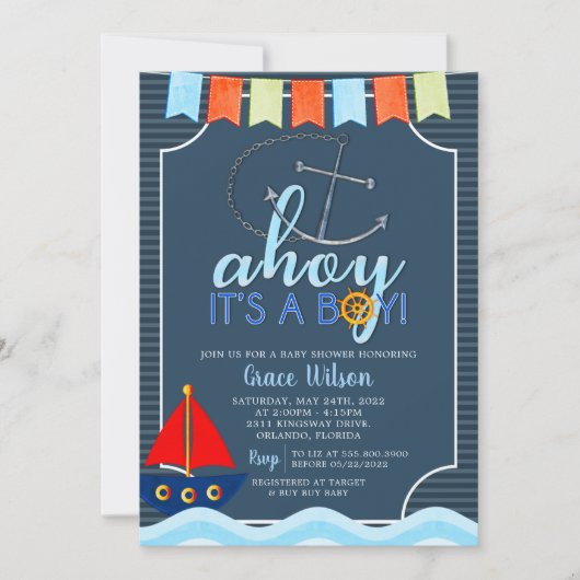 Boys Nautical Anchor Boat Baby shower Kaart (Voorkant)