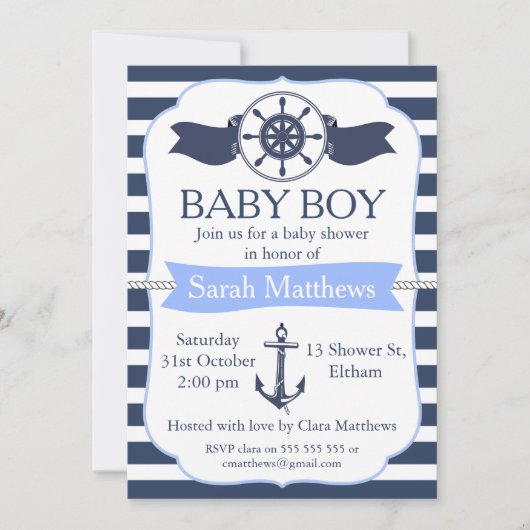 Boys Nautical Baby shower Invitation Kaart (Voorkant)