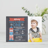 Boys Nautical Lighthouse Foto Birthday Uitnodiging (Staand voorkant)