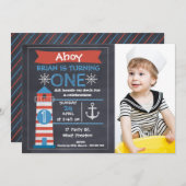 Boys Nautical Lighthouse Foto Birthday Uitnodiging (Voorkant / Achterkant)