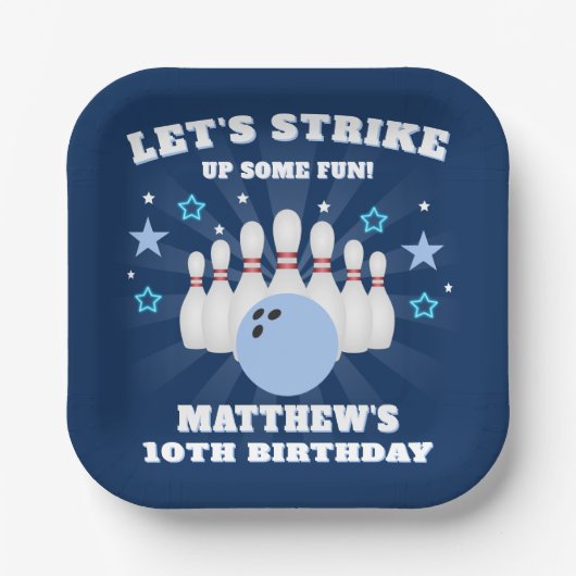 Boy's Navy Blue Bowling Verjaardagsfeest Papieren Bordje (Voorkant)