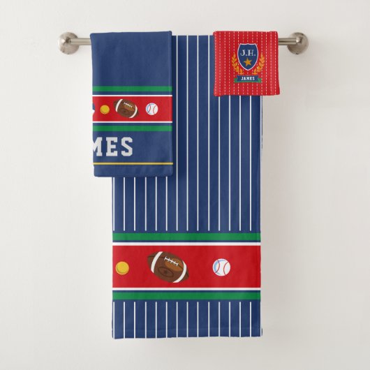 Boys Navy Multi Sport Bathroom Towel Set Bad Handdoek (Insitu)