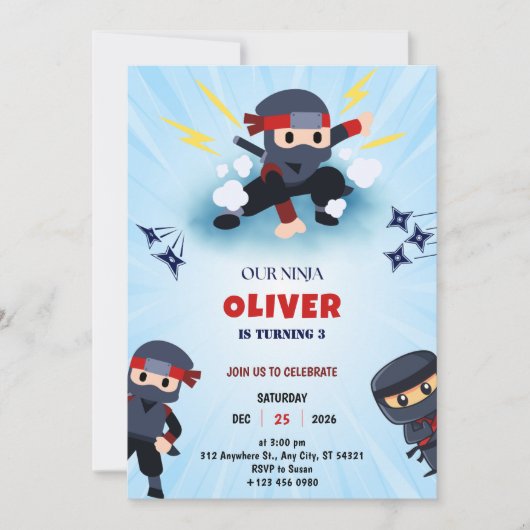 Boys Ninja Warrior 3 Birthday Party Invitations Kaart (Voorkant)
