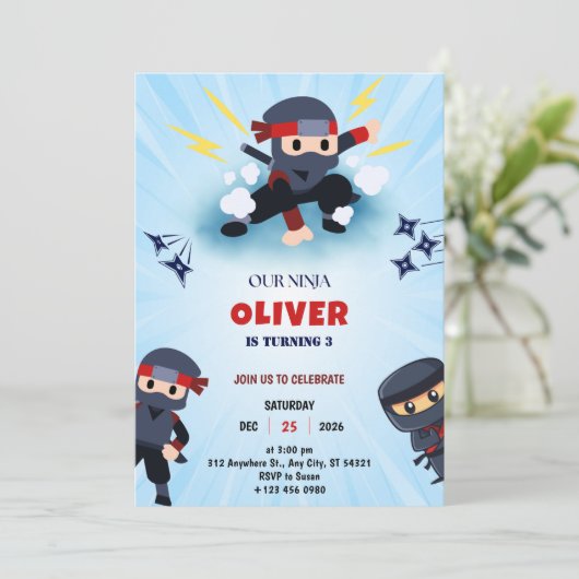 Boys Ninja Warrior 3 Birthday Party Invitations  Kaart (Staand voorkant)