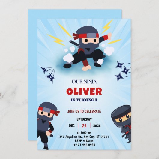 Boys Ninja Warrior 3 Birthday Party Invitations  Kaart (Voorkant / Achterkant)