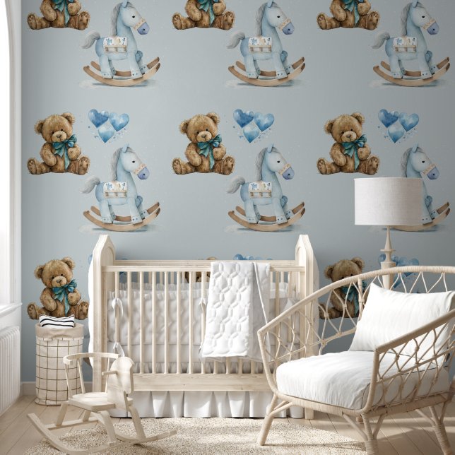 Boy's Nursery Teddy & Rocking Horse Peel & Stick Behang (Kinderen)