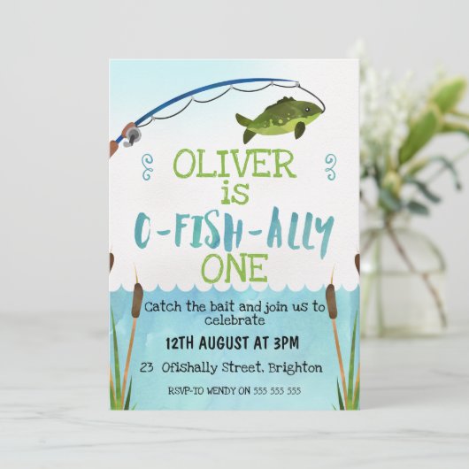 Boys O-Fish_Ally Waterverf Birthday Uitnodiging (Staand voorkant)